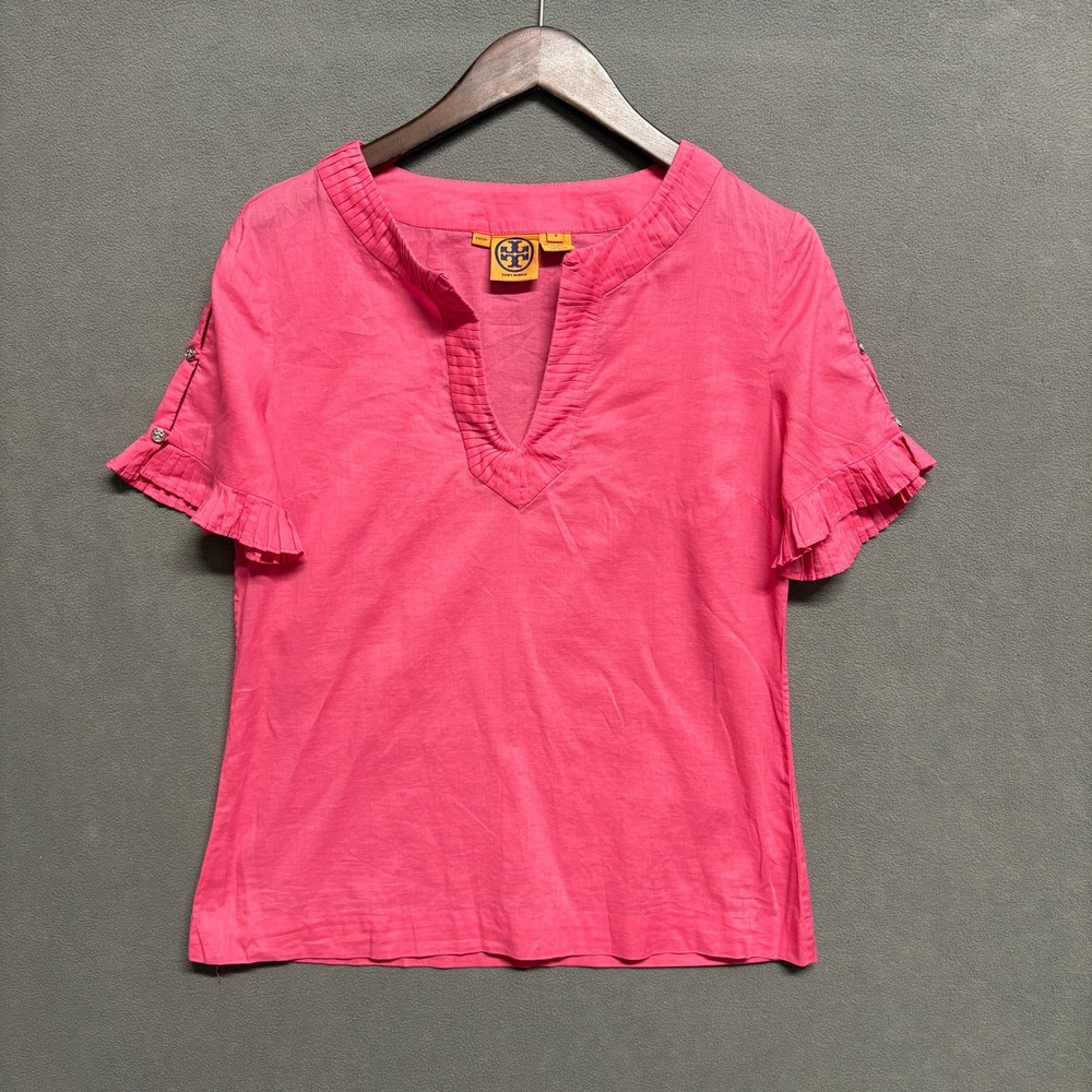 Tory‎ Burch Pink 100% Cotton Blouse Size 8 Short Sleeve Split Neck Women's